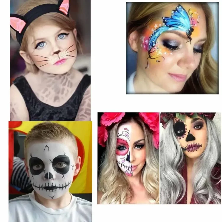 Diversas maquiagens criativas e coloridas para o Carnaval, incluindo estilos de caveira, borboleta e gato