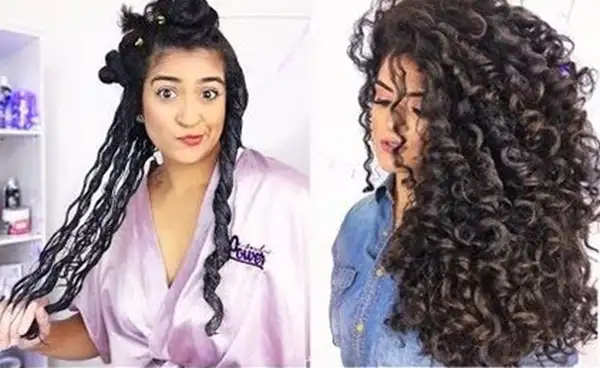 Mulher com cabelo cacheado em processo de fitagem, mostrando a diferença entre o antes e o depois