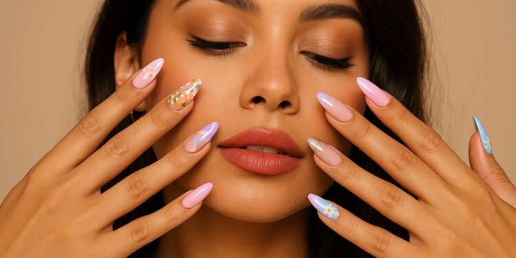 Mãos exibindo unhas vibrantes próximas ao rosto