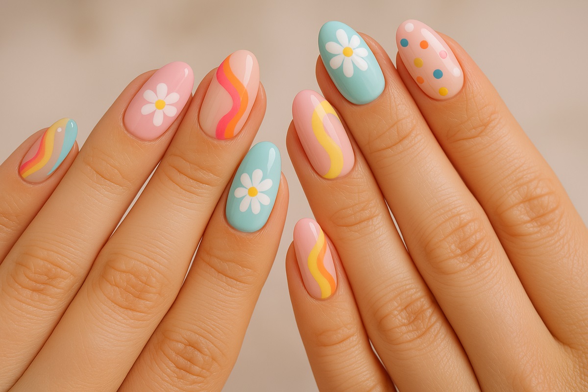 Mãos com unhas artisticamente decoradas em tons vibrantes e elegantes